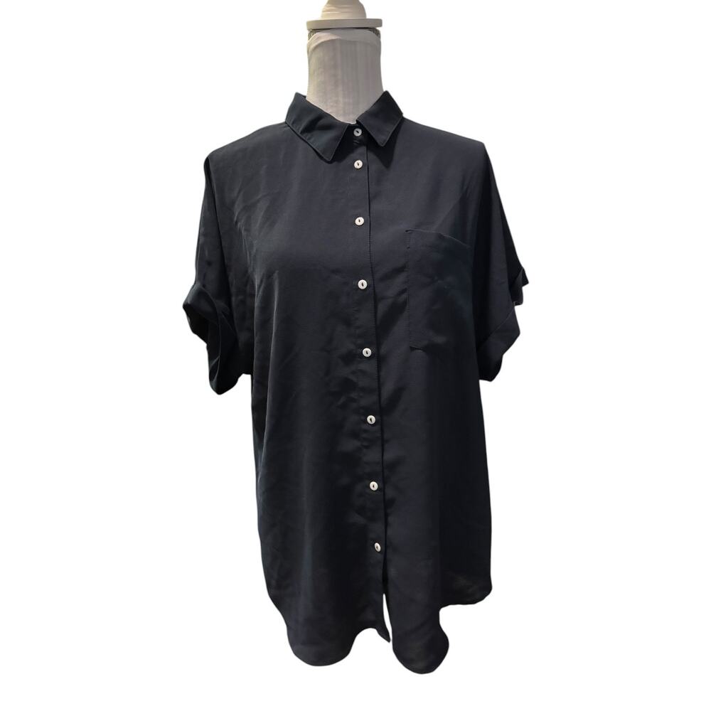 Blue Button Down Silky White Buttons Size L